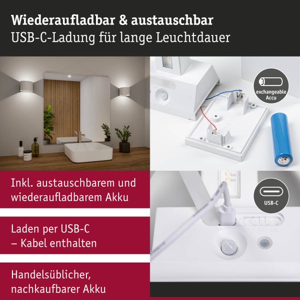 LED-Wandleuchte mit USB-C-Ladefunktion und auswechselbarem Akku für lange Leuchtdauer, geeignet für den Einsatz im Badezimmer