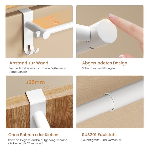 EMKE Teleskop-Handtuchhalter, Verstellbar 440–630 mm,Weiß, Edelstahl, mit Haken, für Heizkörper & Bad