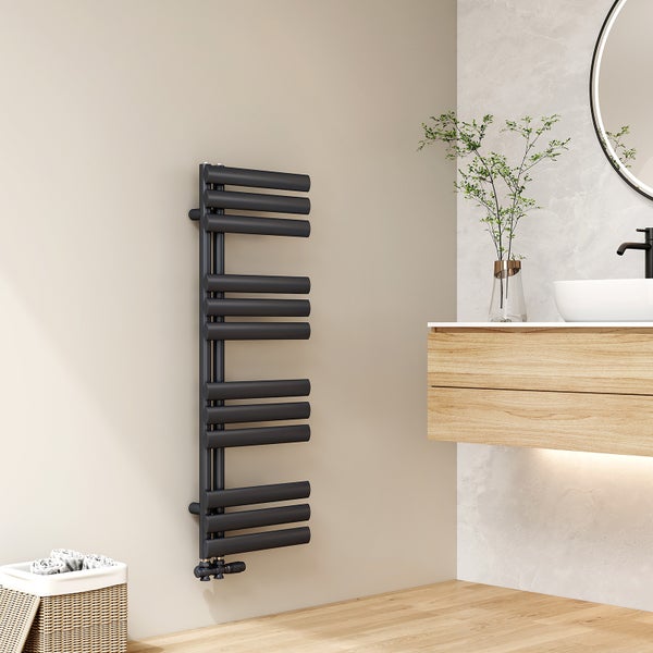 EMKE Badheizkörper Oval Röhren Badheizkörper Handtuchtrockner Handtuchwärmer, Rohrheizkörper Vertikal Seitenanschlussfür Wasser Anthrazit,112×40cm, 385W