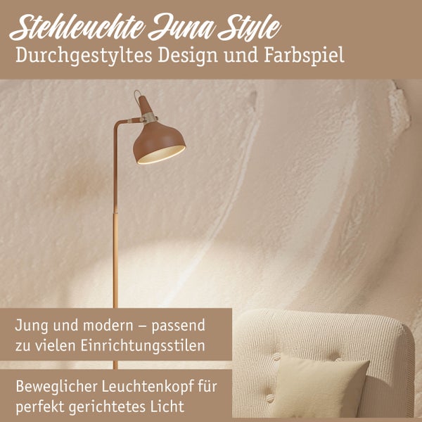 Stehleuchte mit verstellbarem Leuchtenkopf neben Sessel