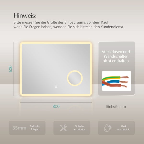 EMKE LED Badspiegel 80x60 cm, Kaltweiß/Warmweiß/Neutralweiß, Touchschalter, dimmbare Helligkeit, beschlagfrei, 3-fache Vergrößerung, IP44, für Bad