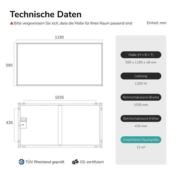 Technische Zeichnung einer Infrarotheizung mit Maßen, Leistung, Bohrlöchern, empfohlener Raumgröße sowie TÜV Rheinland und GS Prüfsiegel.