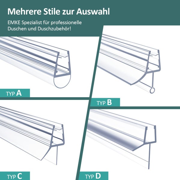 EMKE Duschdichtungen, Übersicht von vier verschiedenen Profiltypen Typ A, Typ B, Typ C und Typ D für Glasduschen, transparent.