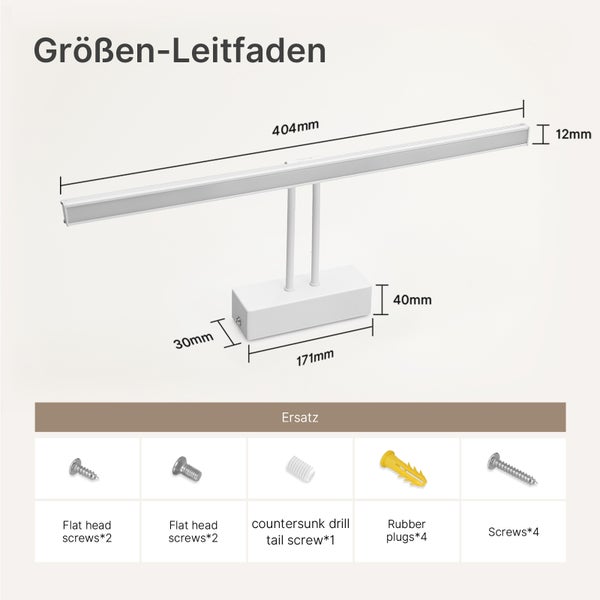 Größenangaben für eine Lampe mit Schrauben, Dübeln und Montageanleitung