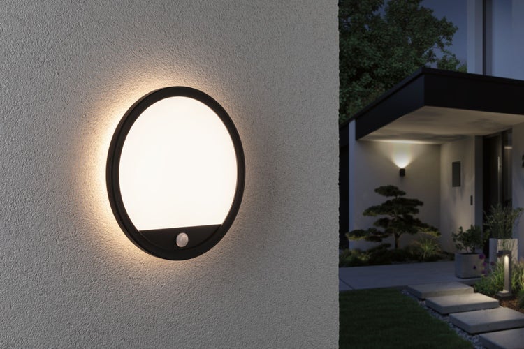 LED Außenpanel Lamina Backlight Dämmerungsgesteuerter Bewegungsmelder (IR) seewasserresistent IP44 rund 280mm 3000K 14,5W 1200lm 230V Schwarz Kunststoff