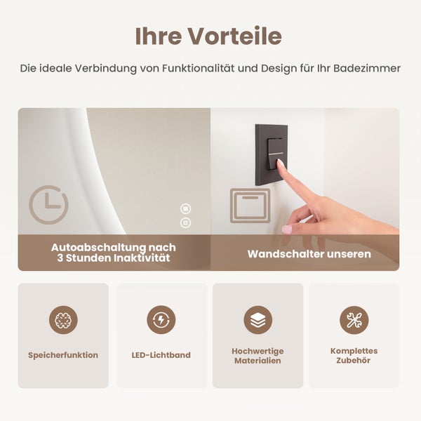 Infografik zeigt Produktvorteile eines Badezimmerspiegels mit automatischer Abschaltung, Wandschalter, Speicherfunktion und LED Beleuchtung.