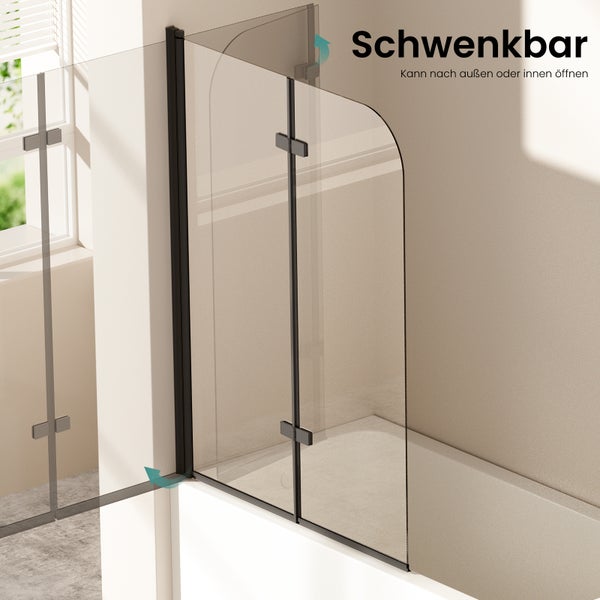 Schwenkbare Badewannenfaltwand aus Glas mit schwarzen Profilen, zweiteilig, öffnet nach innen und außen.