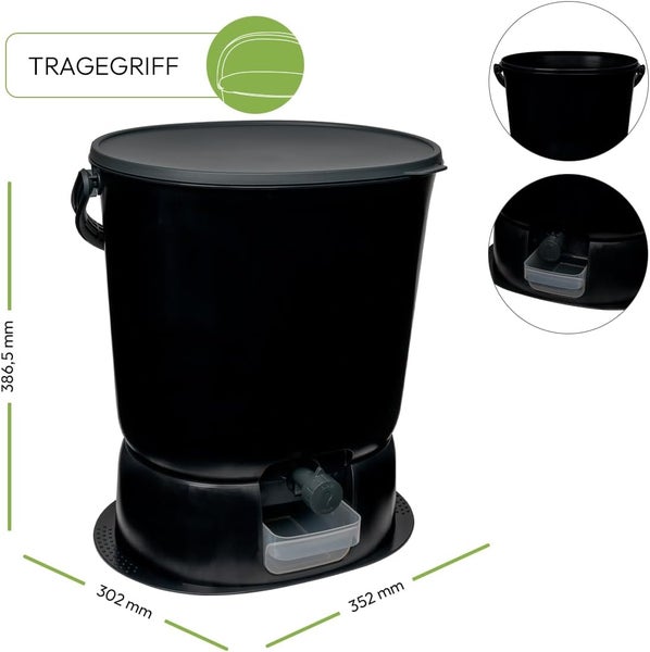 Skaza Bokashi Essential Biomülleimer Küche (15,3 Liter) + Base - Komposteimer Küche und Garten aus recyceltem Kunststoff - Starter Set + incl. 1 kg Fermentation Starter - Schwarz