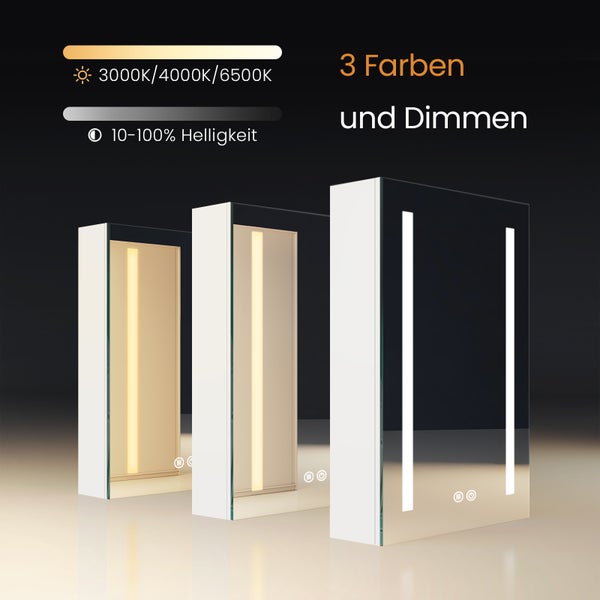 EMKE Badspiegelschrank mit LED Beleuchtung, 40x60x14,5 cm, beschlagfrei, Touchschalter, 3 Lichtfarben, Badspiegel mit Ablage, Spiegelschrank mit Steckdose und USB Anschlüsse