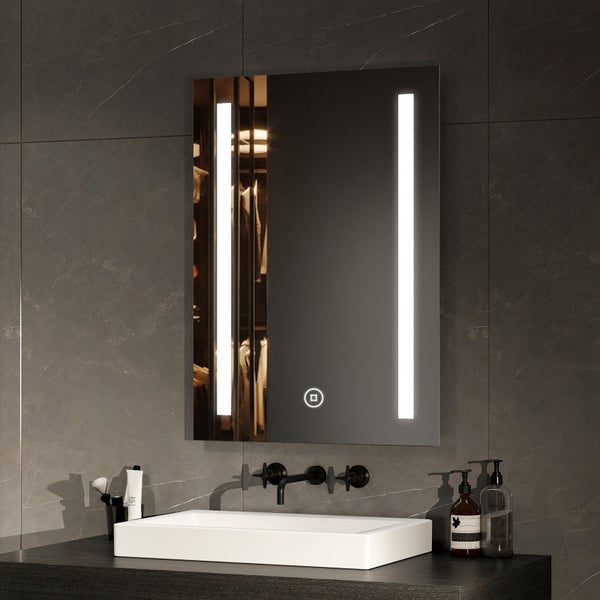 EMKE Badspiegel mit Beleuchtung 70x50 cm, LED-Wandspiegel, kaltweißes Licht, Touch-Schalter, Antibeschlag, Memory-Funktion, rostfreier Spiegel mit mattiertem Rand, IP44, für Bad