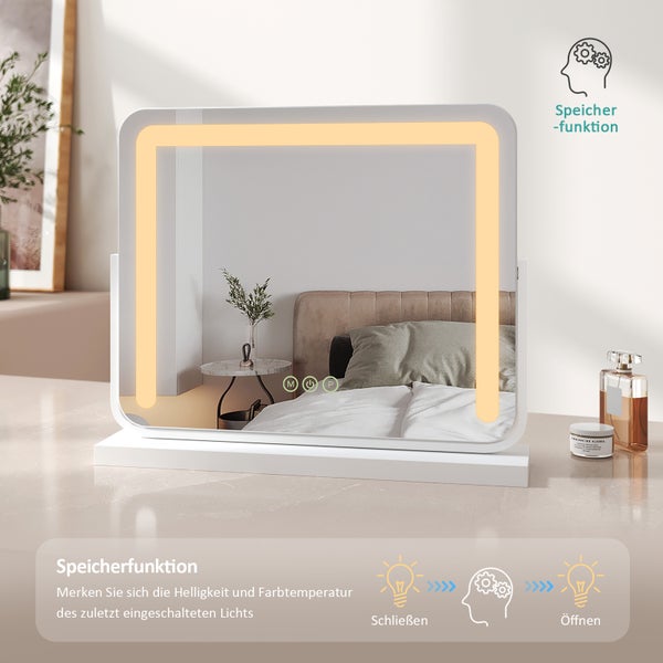 EMKE LED-Kosmetikspiegel 500x416mm, dimmbar mit 3 Lichtfarben, Touchschalter & Memory-Funktion, 360° drehbar, HD-Spiegelfläche, bohrfrei, Weiß