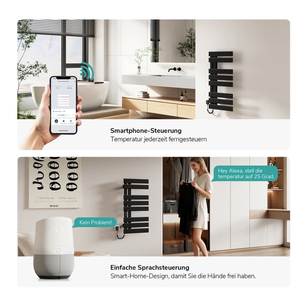 Smarter schwarzer Heizkörper im modernen Badezimmer und Wohnraum, gesteuert per Smartphone-App und Sprachbefehl.