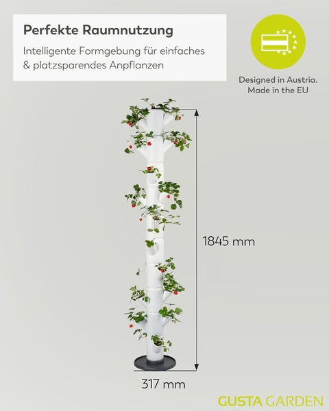 Vertikaler Pflanzturm Gusta Garden für Erdbeeren, platzsparend, 1845 Millimeter hoch, 317 Millimeter breit. Gusta Garden Logo.