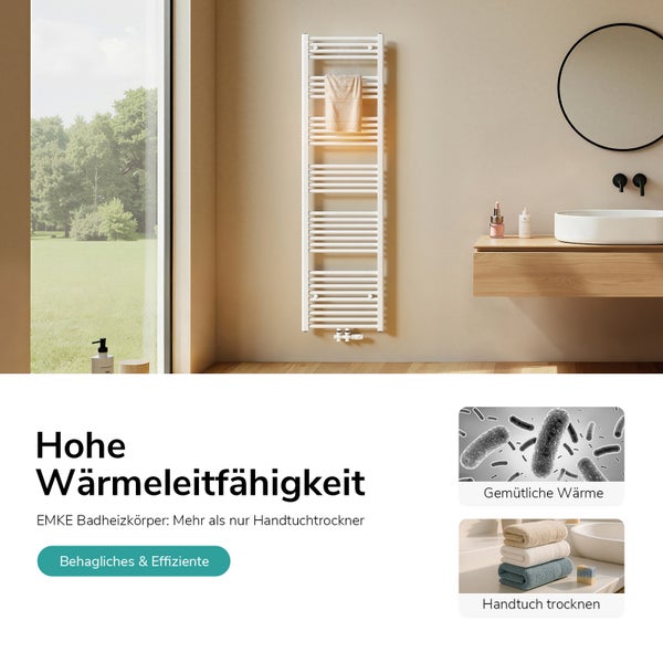 Effizienter weißer EMKE Badheizkörper als Handtuchtrockner in einem hellen Badezimmer mit Holzwaschtisch, rundem Spiegel und Blick in den Garten.