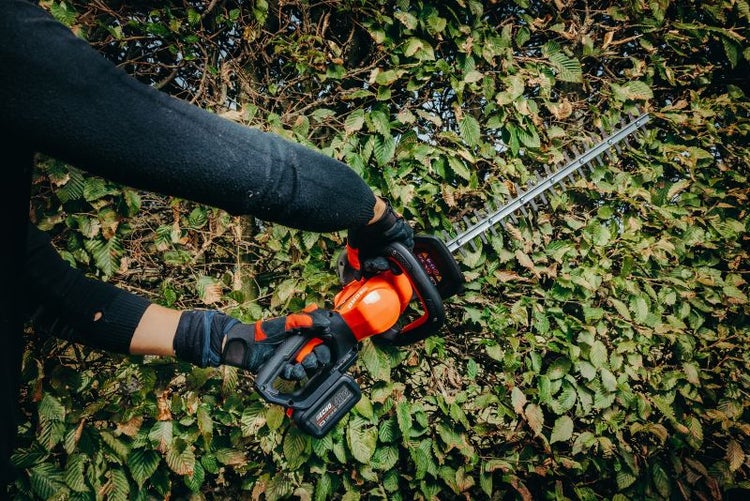 Akkubetriebene Heckenschere im Einsatz zum Beschneiden einer Hecke.