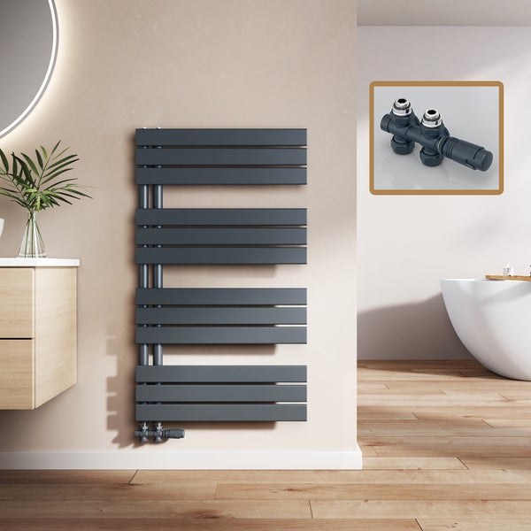 Modernes Badezimmer mit Designheizkörper und Thermostatventil