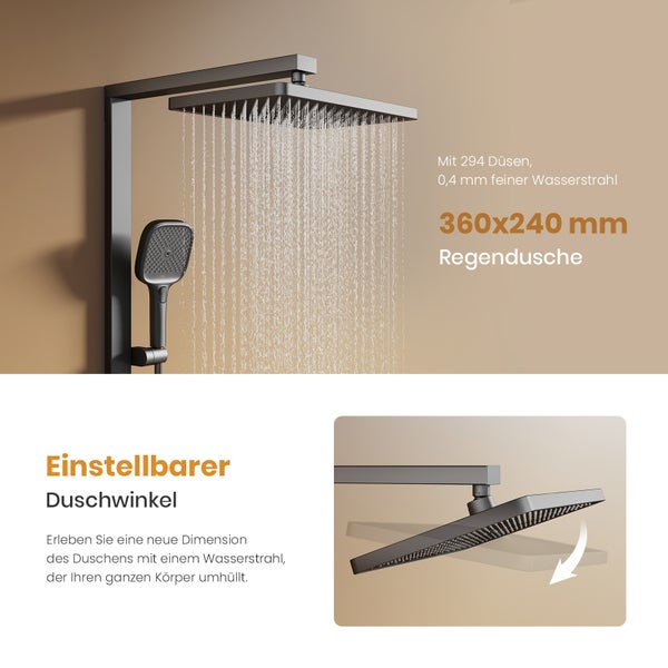 EMKE Duschsystem mit Thermostat, LED-Temperaturanzeige, Regendusche 36 x 24 cm, 4 Strahlarten, höhenverstellbare Brausestange, Anthrazit Matt