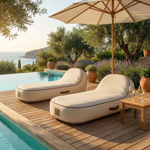 Zwei Outdoor-Sitzsäcke als Sonnenliegen auf einer hellen Holzterrasse am Pool mit Sonnenschirm, Beistelltisch, Olivenbäumen und Meerblick.