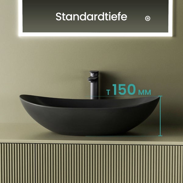 Schwarzes Aufsatzwaschbecken mit Armatur und Maßangabe 150 mm für die Standardtiefe