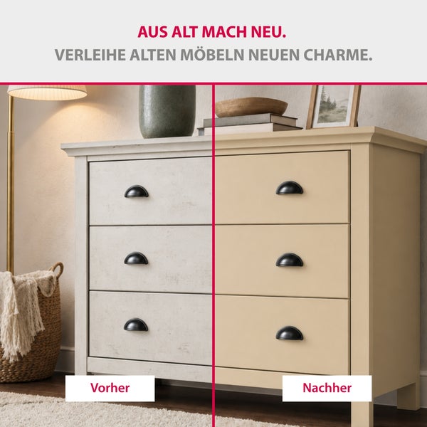 Vorher-Nachher-Vergleich einer Kommode aus Holz, die mit Möbellack renoviert wurde.
