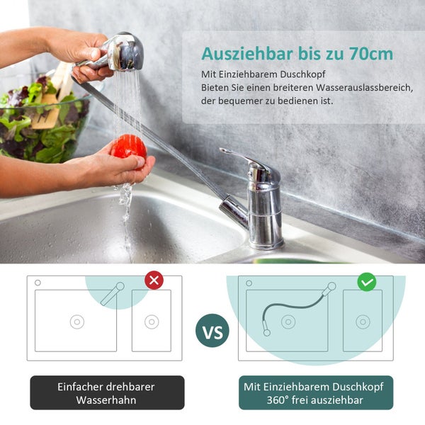 EMKE Küchenarmatur mit Ausziehbarer Brause, 2 Strahlarten, 360° Schwenkbar Einhebel Wasserhahn für Küche, Spültischarmatur mit Geschirrbrause