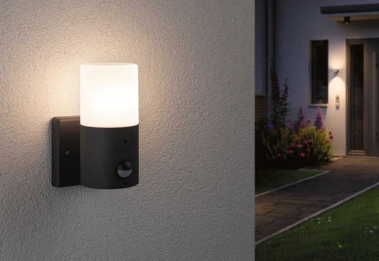 Außenwandleuchte Tubs Dämmerungsgesteuerter Bewegungsmelder (IR) IP44 rund 105x130mm max. 15W 230V Grau matt Metall, Kunststoff