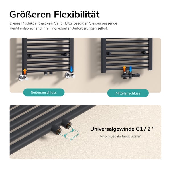 Flexibler Handtuchwärmer mit Seitenanschluss und Mittelanschluss zur Wandmontage