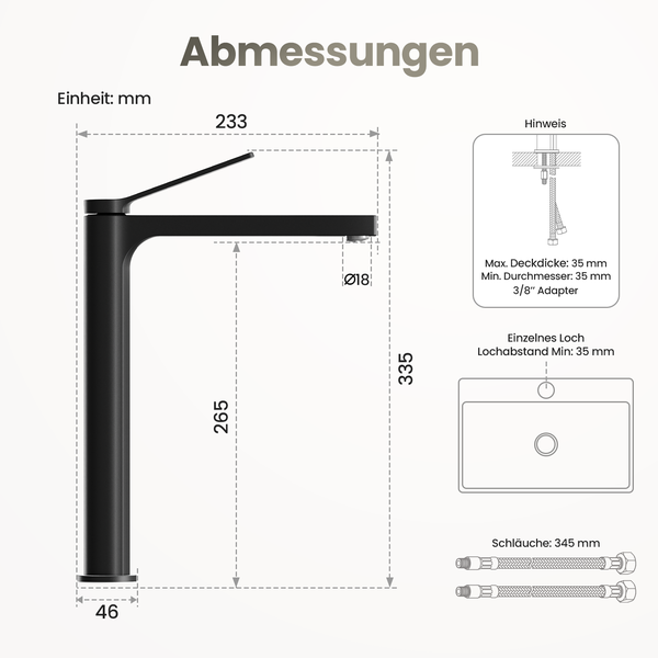 Emke Einhebel-Waschtischarmatur, Badarmaturen, Waschbecken Armatur - Schweizer Design, Minimalistisches Design，3/8 Zoll, Wassersparend, Korrosionsschutz, Warm- & Kaltwasser, Bleifreies Messing, Pflegeleicht -Schwarz matt