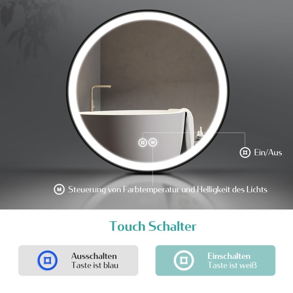 EMKE LED Badspiegel rund Ø70 cm, 3 Farbtemperaturen & Helligkeit einstellbar, Anti-Beschlag, Touch-Schalter, schwarzer Rahmen mit Deko-Aufhängung, IP44, zur Wandmontage, für das Badezimmer geeignet