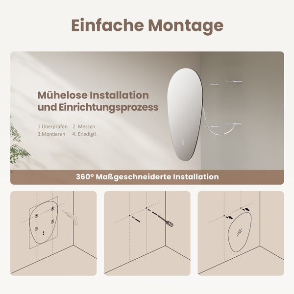Grafische Anleitung zur einfachen Montage eines ovalen Badezimmerspiegels mit schrittweisen Installationsschritten und technischer Skizze.