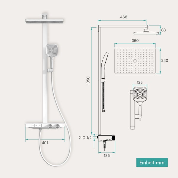 Technische Zeichnung einer Duscharmatur mit Maßangaben