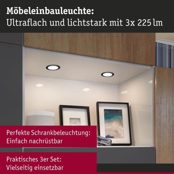 LED Möbeleinbauleuchten 3er-Set rund 65mm 3x2,5W 3x180lm 230/12V 3000K Schwarz matt