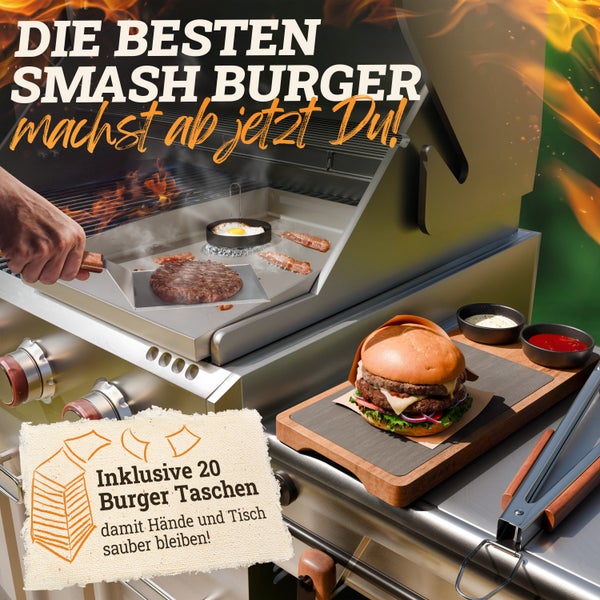 LIKAYA® Burger Smasher & Grillspachtel Set [4-tlg.]  Edelstahl mit Akazienholz-Griff für Plancha, Grillplatte, Gasgrill & Feuerplatte | 1x Smasher, 1x Spachtel, 1x Wender & 20x Burgerpapier