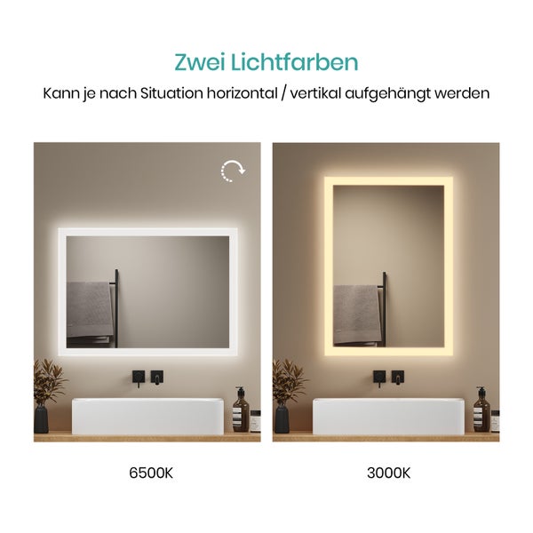 EMKE Badspiegel mit LED-Beleuchtung 70 x 50 cm, beschlagfrei, rostfreier Spiegel, Warmweiß/Kaltweiß, seitlicher Kippschalter, mattierter Rand, IP44, für Bad