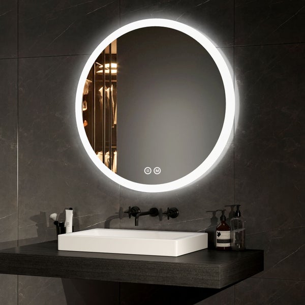 EMKE Badspiegel mit Beleuchtung Ø70 cm, rund, LED Wandspiegel, Touch-Schalter, dimmbar, Anti-Beschlag, 4 mm Glas, Memory, satiniert, rostfrei, für Badezimmer