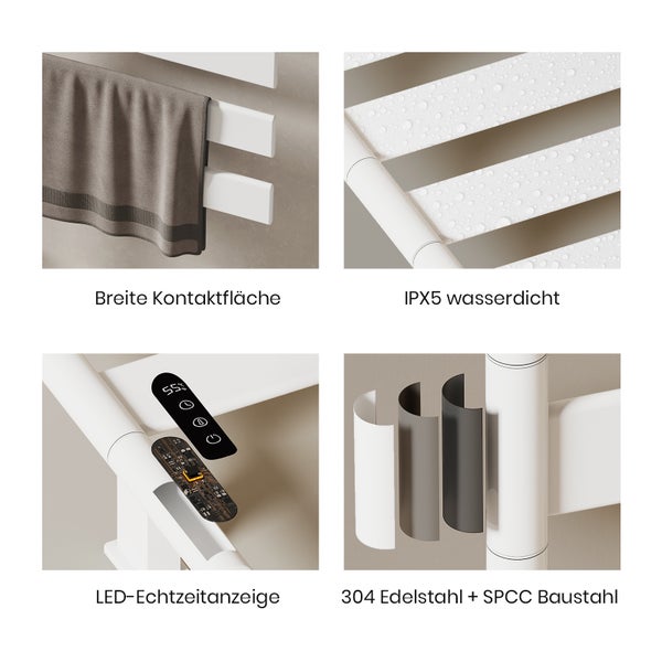 EMKE Elektrischer Badheizkörper 760×450 mm, 120W, Handtuchheizkörper mit LCD, WLAN & Timer, IPX5, Wandmontage, Ablage, Weiß