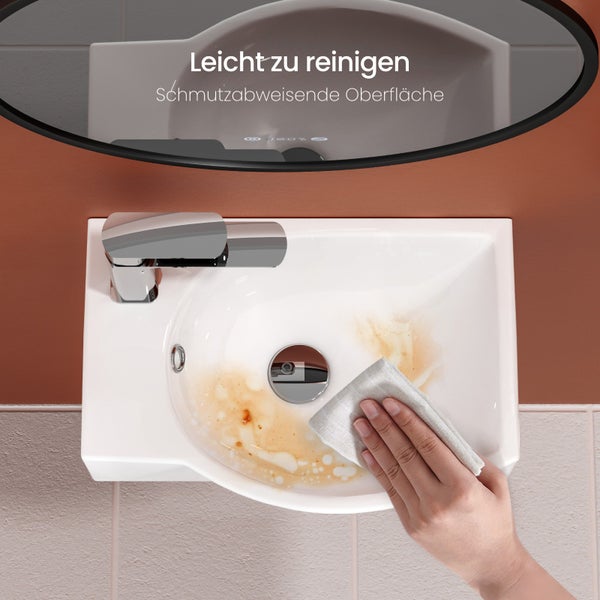 EMKE Handwaschbecken 405 x 280 mm, asymmetrisch, Keramik, mit Hahnloch links, glänzend weiß, kompaktes Hängewaschbecken für Gäste-WC, Höhe 140 mm, zur Wandmontage