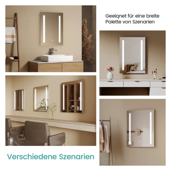 EMKE Badspiegel mit Beleuchtung 80x60 cm, 45W LED-Wandspiegel, kaltweißes Licht, Touch-Schalter, Antibeschlag, Memory-Funktion, 5 mm rostfreier Spiegel mit mattiertem Rand, IP44, für Bad