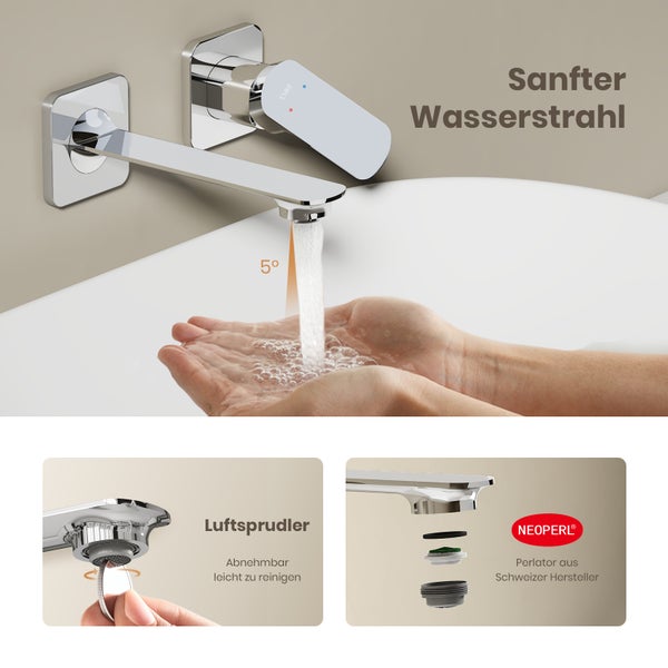 EMKE Wandarmatur, Edelstahl-Waschtischmischer, ergonomischer Einhebelmischer, geräuschreduzierend, Unterputz-Grundkörper,  Keramik-Ventilkern，Chrom