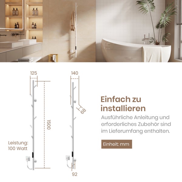 EMKE Elektrischer Handtuchheizkörper 150 cm, Baumförmig Vertikal, 100 W, LCD-Touch, Thermostat & Timer, WiFi, Weiß, für Badezimmer
