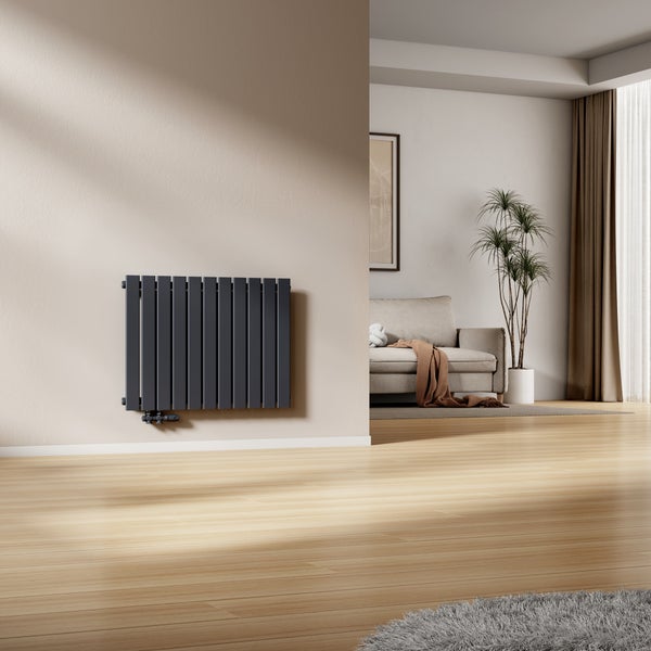 Modernes Wohnzimmer mit anthrazitfarbenem Heizkörper an der Wand