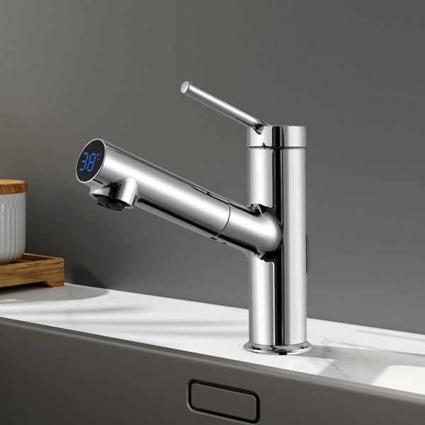 EMKE Küchenarmatur Wasserhahn – Edelstahl mit Temperaturanzeige, LED-Display, 60 cm Schlauch, Höhe 19,1 cm