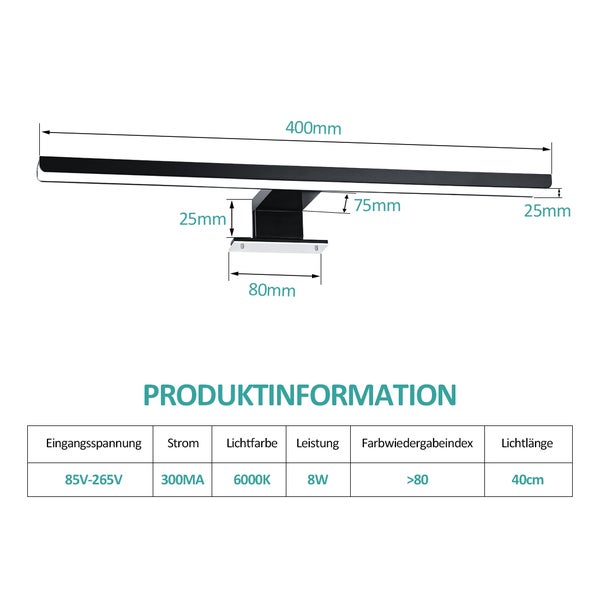 EMKE Spiegelleuchte LED Spiegelleuchte 40cm Spiegellampen für Badezimmer IP44 Schrankleuchte, Schwarz, Kaltweißes Licht 6000K