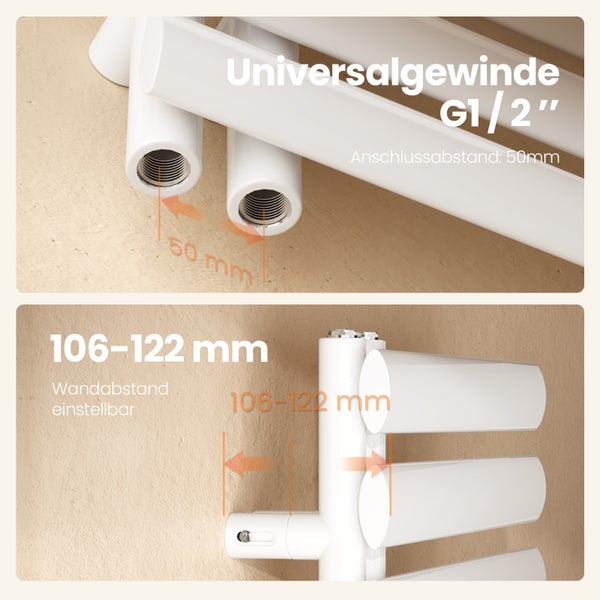 Technische Zeichnung eines Heizkörpers mit den Maßen: Universal Gewinde G 1/2 Zoll, Anschlussabstand 50 mm, Wandabstand einstellbar 106 bis 122 mm