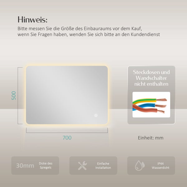 EMKE Badspiegel mit Beleuchtung 70x50 cm, LED-Spiegel mit Touchschalter, 3 Lichtfarben einstellbar, Beschlagfreie, Anti-Rost Spiegel, IP44, für Bad