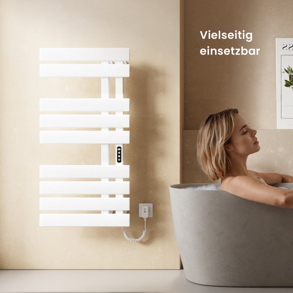 EMKE Elektrischer Badheizkörper 100x50 cm, Design-Handtuchheizkörper mit LCD-Display, Thermostat, Timer, Temperaturregelung, WiFi & App-Steuerung, 600W, Flachheizkörper für Bad, Glänzend Weiß, Anschluss rechts