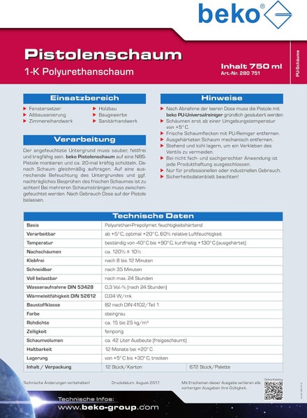 beko 6 x beko Pistolenschaum Polyurethanschaum 750 ml inkl. Universalreinger 500ml