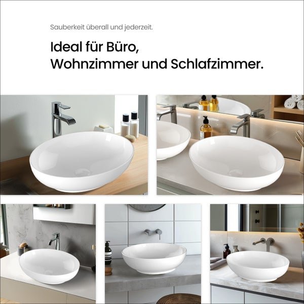 Verschiedene Ansichten eines weißen Aufsatzwaschbeckens auf Waschtischen im Badezimmer