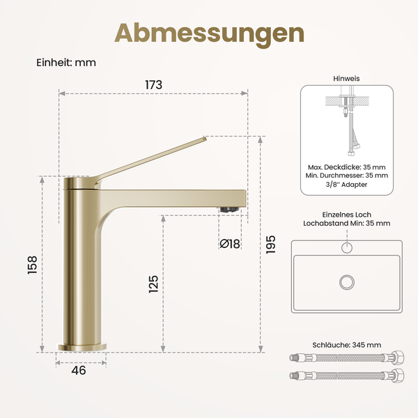 EMKE Einhebel-Waschtischarmatur, Badarmaturen, Schweizer Design, G3/8， Wassersparend, Bleifreies Messing, Korrosionsschutz, Pflegeleicht, Champagnergold