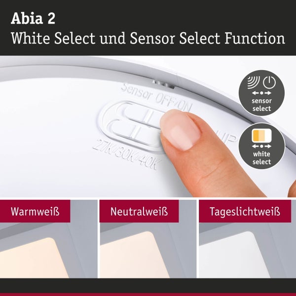 Abia 2 Lampe mit White Select und Sensor Select Funktion zur Einstellung der Lichtfarbe und Sensoreinstellungen